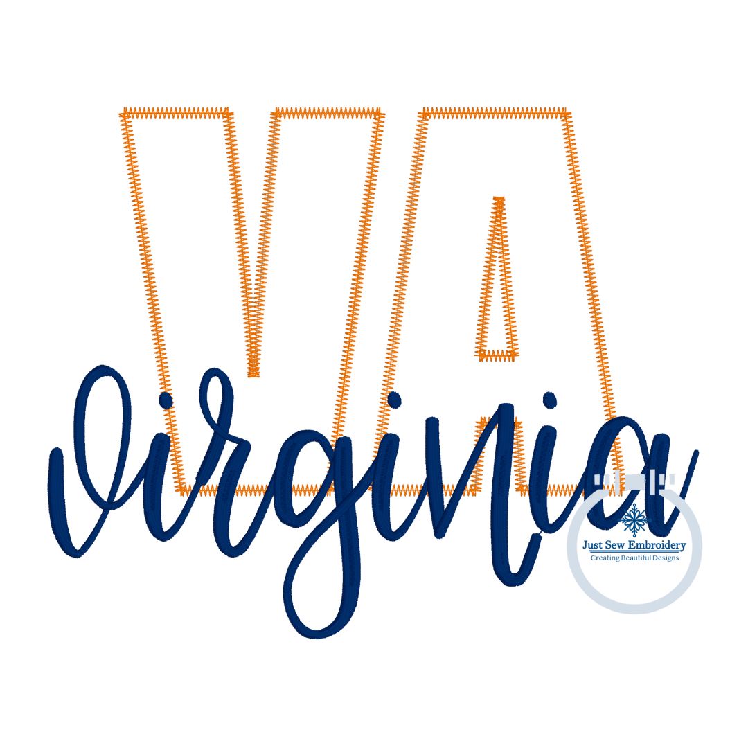 VA Zigzag Applique with Virginia Embroidered Script Design Five Sizes 5x7, 8x8, 6x10, 7x12, and 8x12 Hoop