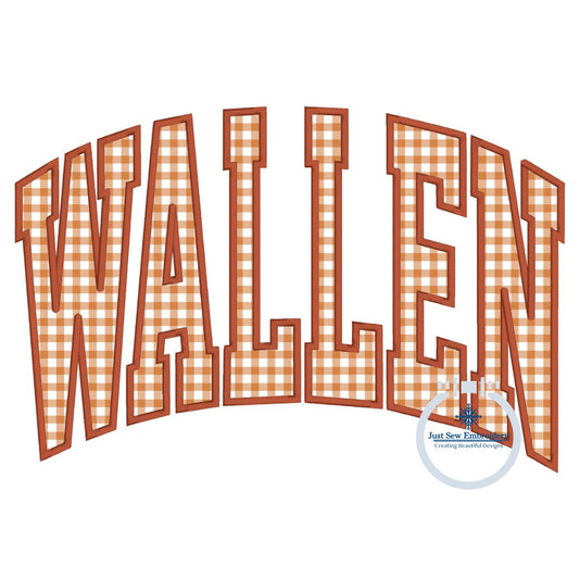WALLEN Arched Satin Applique Embroidery Varsity Font Four Sizes 8x8, 6x10, 7x12, and 8x12 Hoop