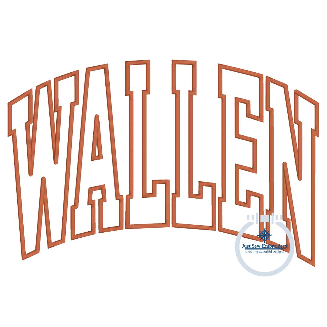 WALLEN Arched Satin Applique Embroidery Varsity Font Four Sizes 8x8, 6x10, 7x12, and 8x12 Hoop