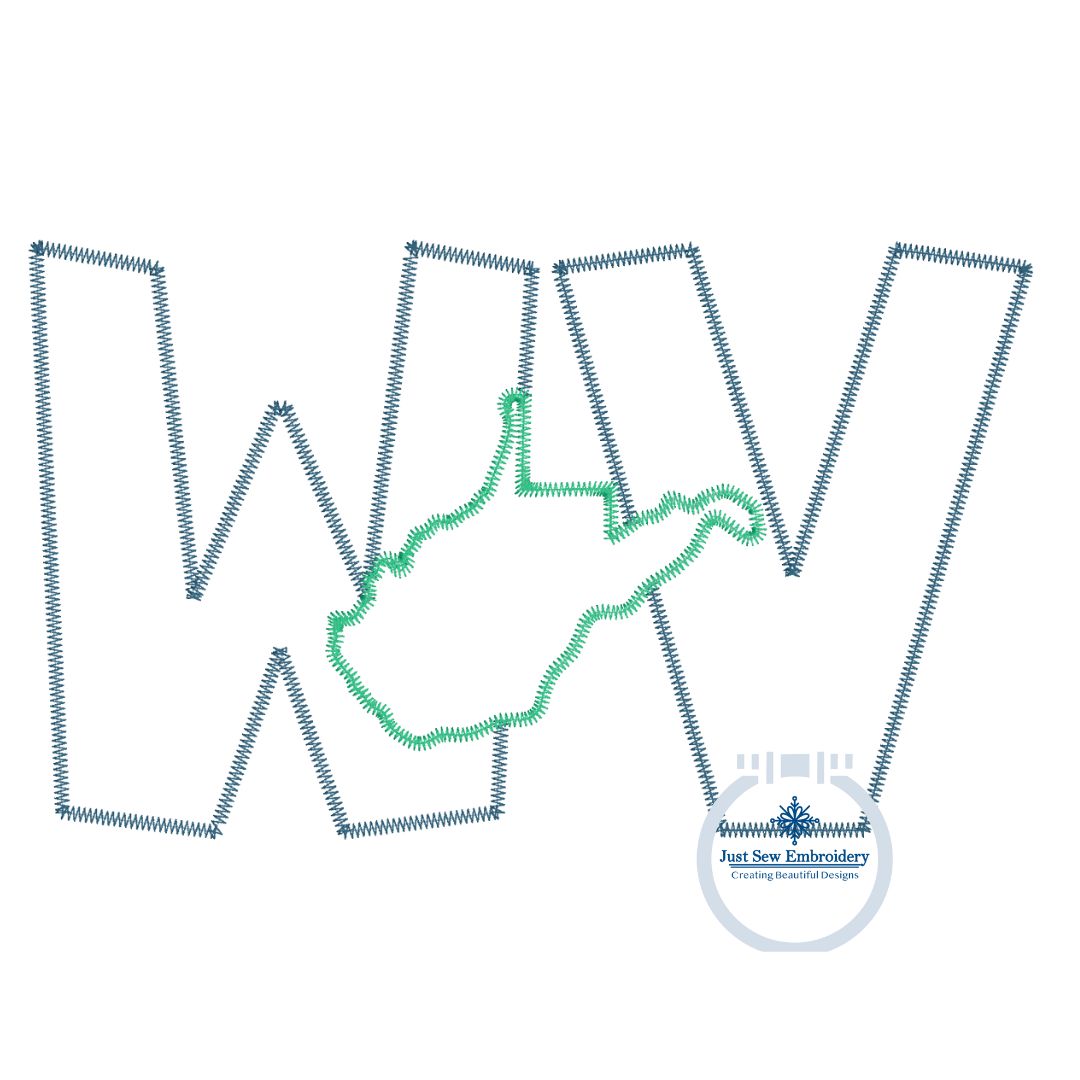 WV State Inset Applique Embroidery ZigZag Edge West Virginia Five Sizes 5x7, 8x8, 9x9, 6x10, and 7x12 Hoop