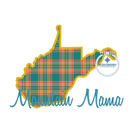 WV State Applique Embroidery Machine Design with Mountain Mama Satin Script West Virginia Design Four Sizes 8x8, 6x10, 7x12, 8x12 Hoop