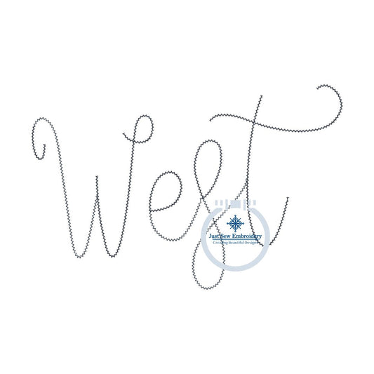 West Script Chenille Yarn Applique Embroidery Script Design Five Sizes 5x7, 8x8, 6x10, 7x12, and 8x12 Hoop