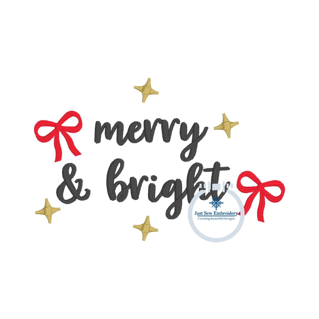 Merry & Bright Christmas Machine Embroidery Design Satin Stitch Two Sizes 3 and 4 inches