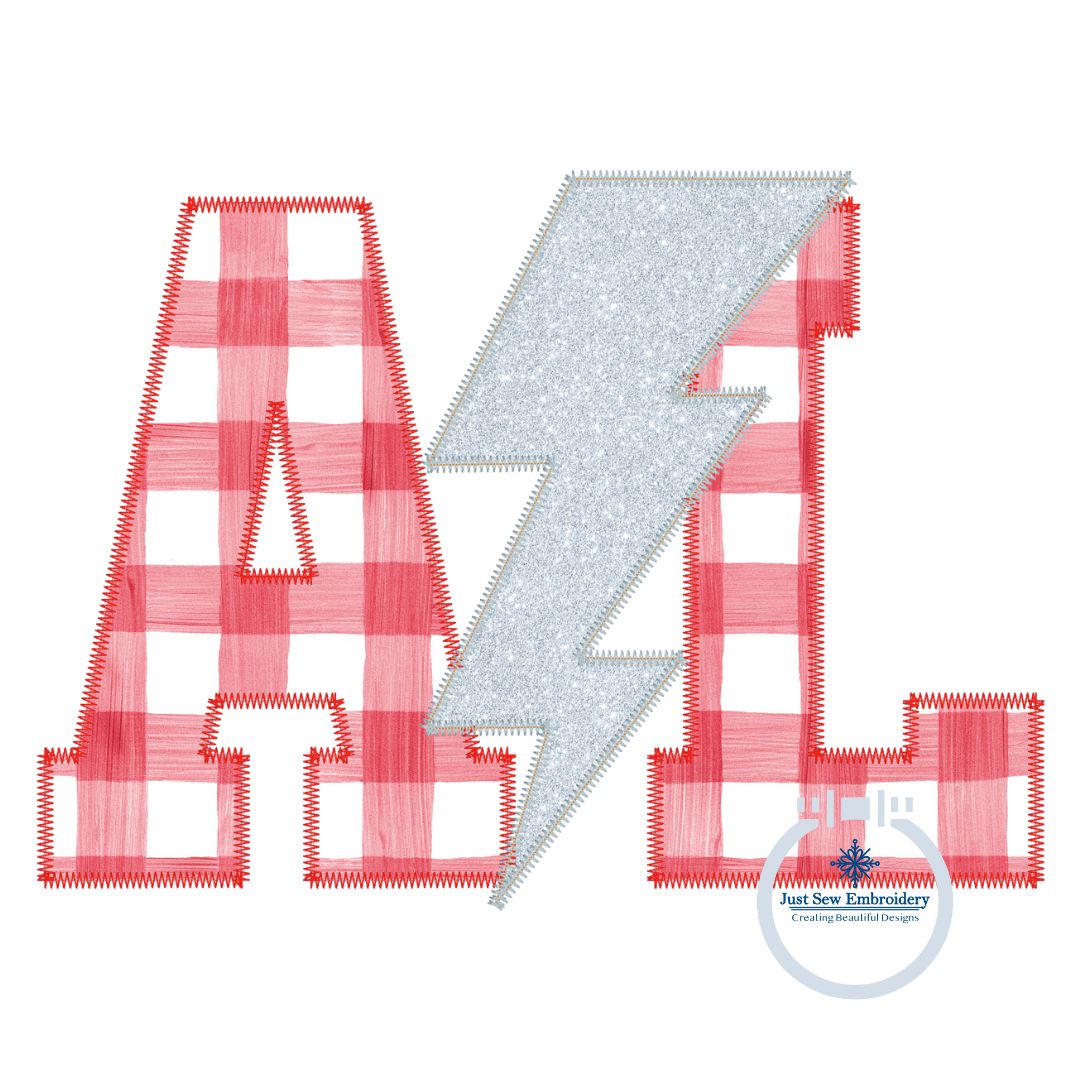 AL Bolt Alabama Applique Embroidery Design Zigzag Edge Four Sizes 5x7, 8x8, 6x10, 8x12 Hoop