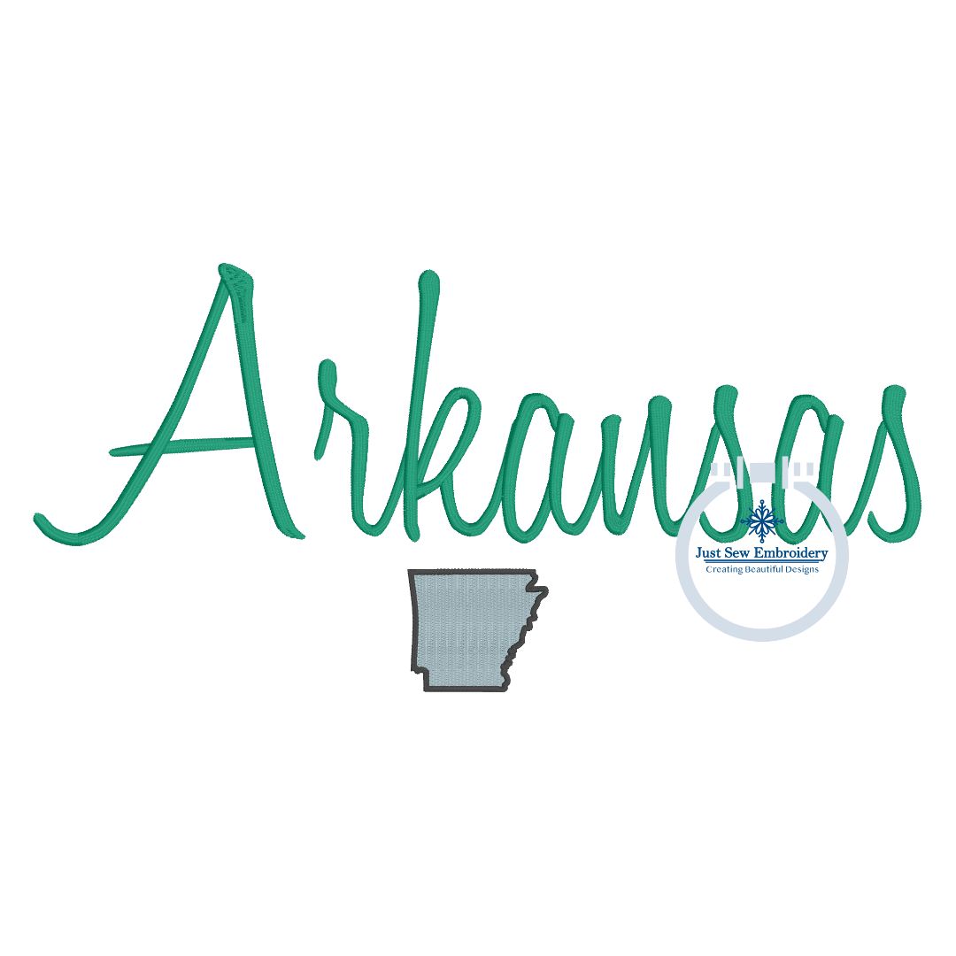 Arkansas Embroidered Script Satin Stitch with State Four Sizes 5x7, 8x8, 6x10, 8x12 Hoop