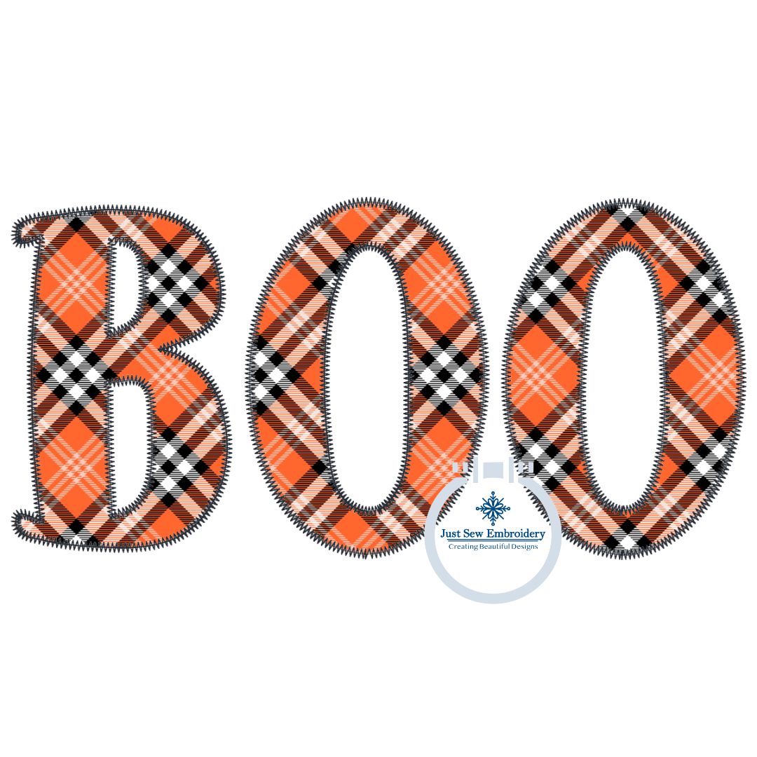 BOO Applique Machine Embroidery Design Zigzag Edge Stitch Four Sizes 5x7, 8x8, 6x10, 8x12 Hoop