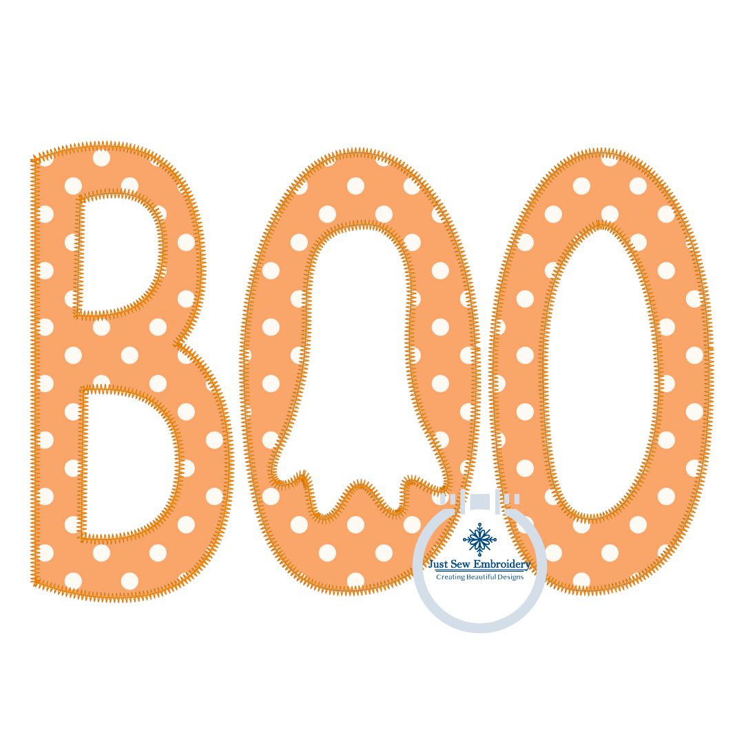 BOO Ghost ZZ Applique Embroidery Design Halloween Four Sizes 5x7, 6x10, 8x8, and 8x12 Hoops