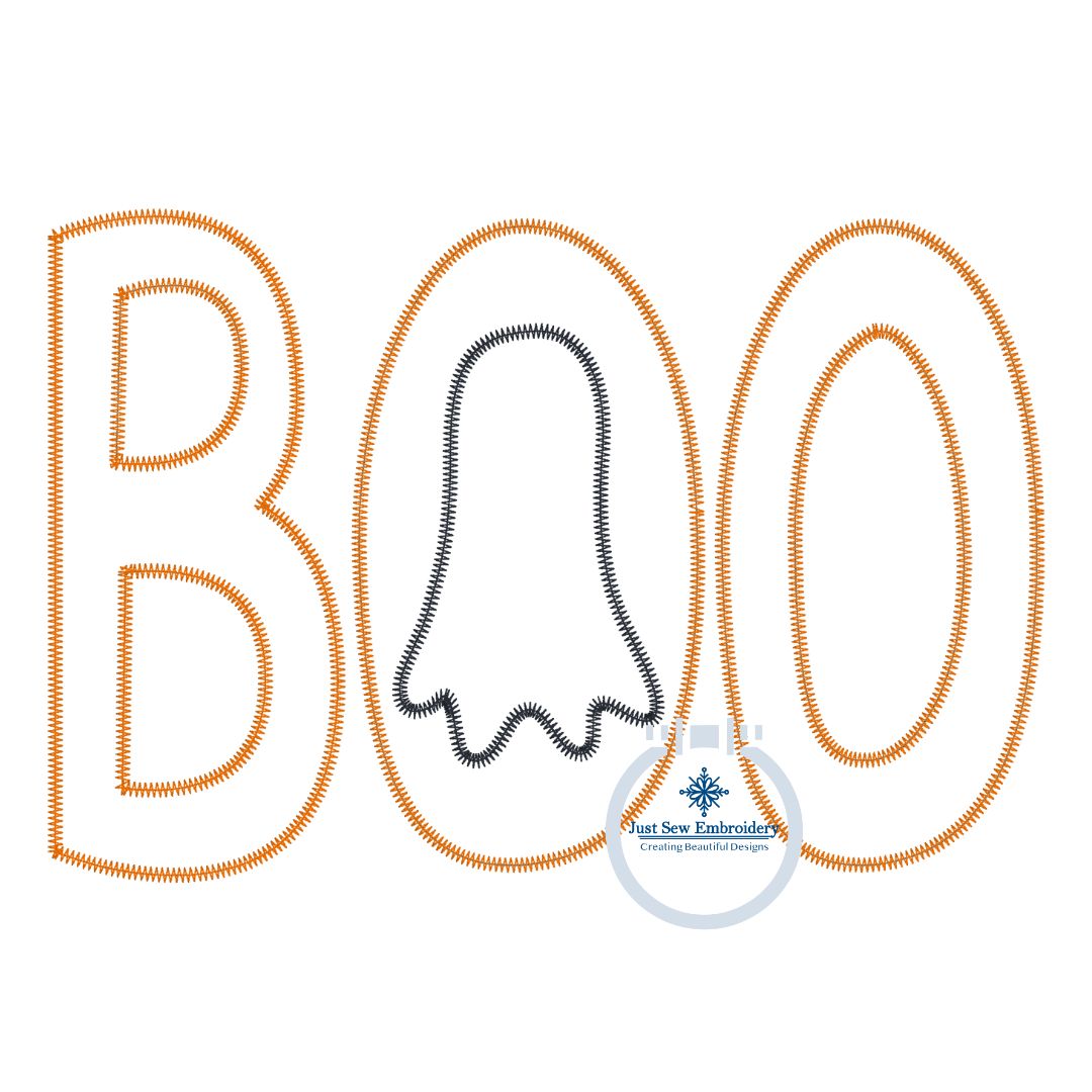 BOO Ghost ZZ Applique Embroidery Design Halloween Four Sizes 5x7, 6x10, 8x8, and 8x12 Hoops