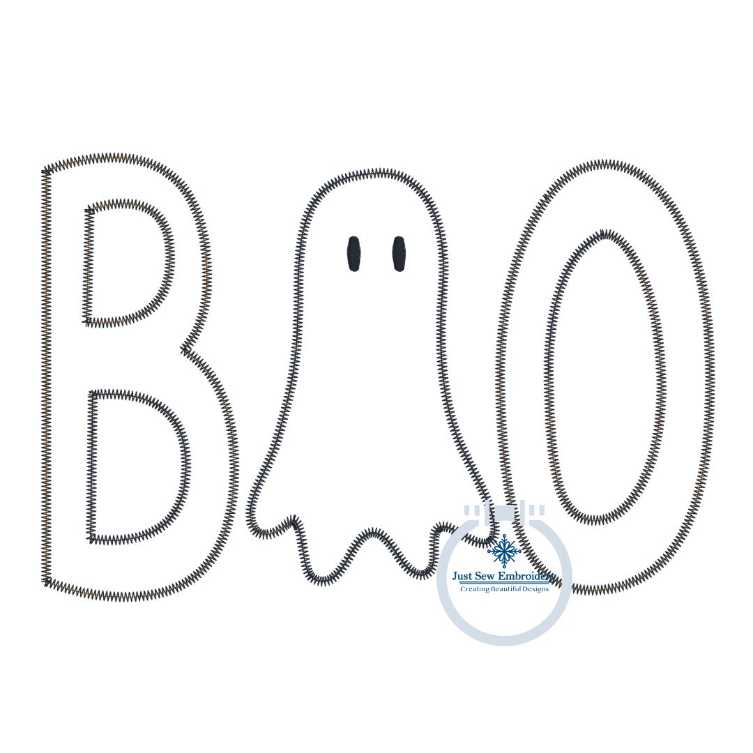 BOO Ghost ZZ Applique Embroidery Design Halloween Four Sizes 5x7, 6x10, 8x8, and 8x12 Hoops