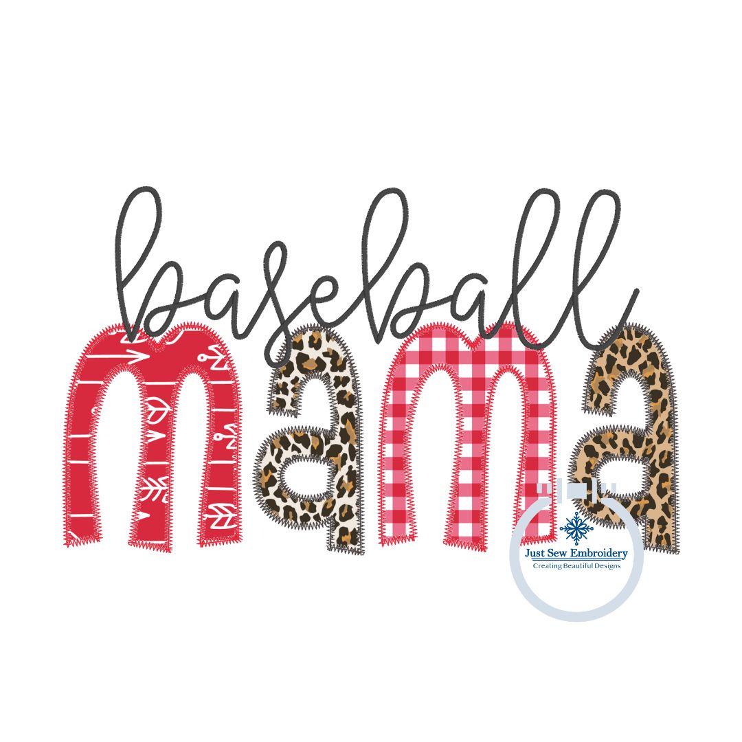 Baseball MAMA Raggy and Zigzag Applique Machine Embroidery Design Three Sizes 5x7, 6x10, and 8x12 Hoop