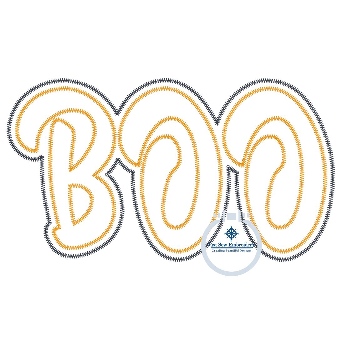 BOO Two Layer Applique Machine Embroidery Design ZigZag Stitch Four Sizes 5x7, 8x8, 6x10, and 8x12 Hoop