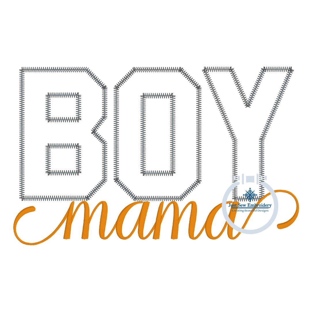 Boy Mama Block Applique Embroidery with Satin Script Three Sizes 5x7, 6x10, and 8x12 Hoop