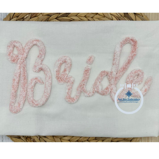 BRIDE Script Chenille Yarn Applique Design Machine Embroidery Four Sizes 5x7, 8x8, 6x10, 7x12 Hoop