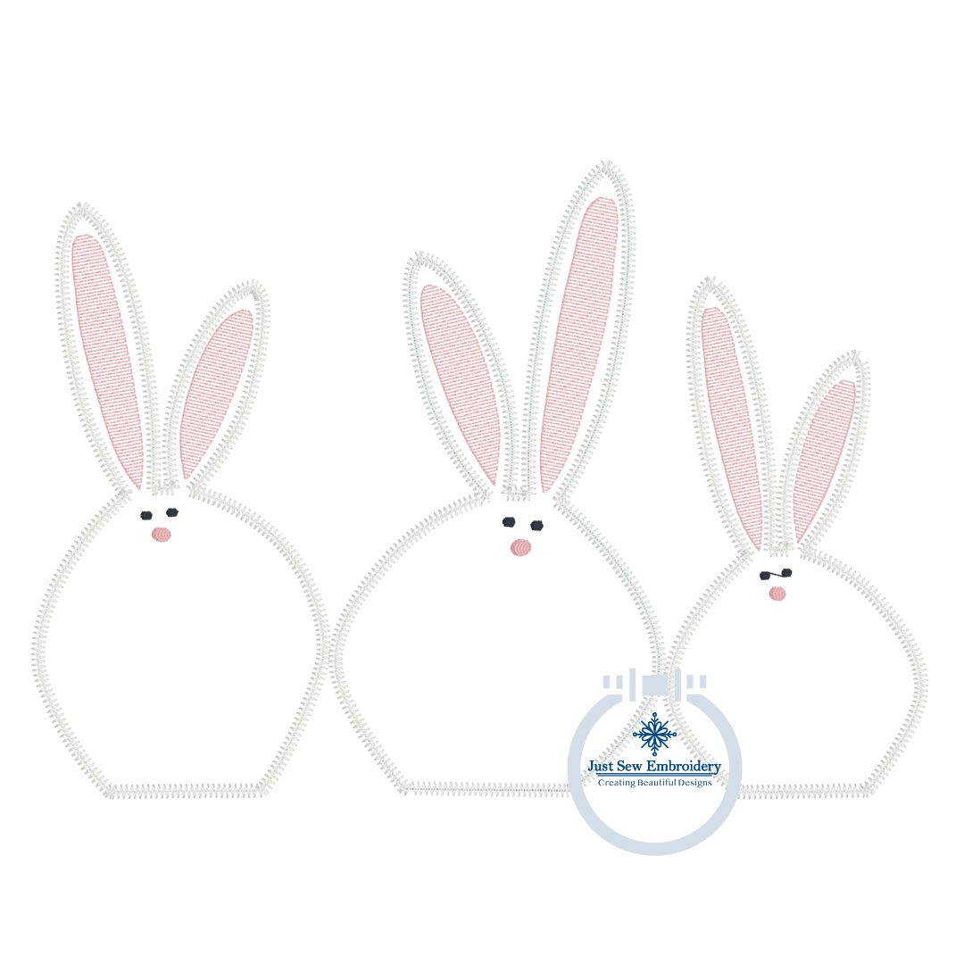 Bunny Trio Zigzag Applique Machine Embroidery Design in Five Sizes 5x7, 8x8, 6x10, 7x12, and 8x12 Hoop