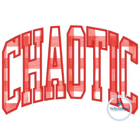 CHAOTIC Arched Satin Applique Embroidery Design Academic Font Three Sizes 6x10, 7x12, and 8x12 Hoop