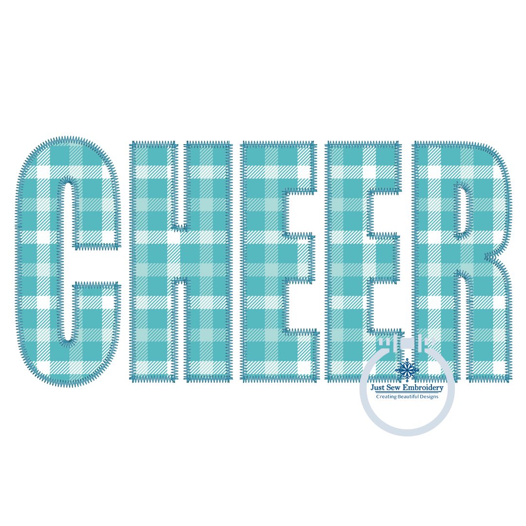 Cheer Block Applique Embroidery Design Zigzag Edge Four Sizes 5x7, 8x8, 6x10, and 8x12 Hoop