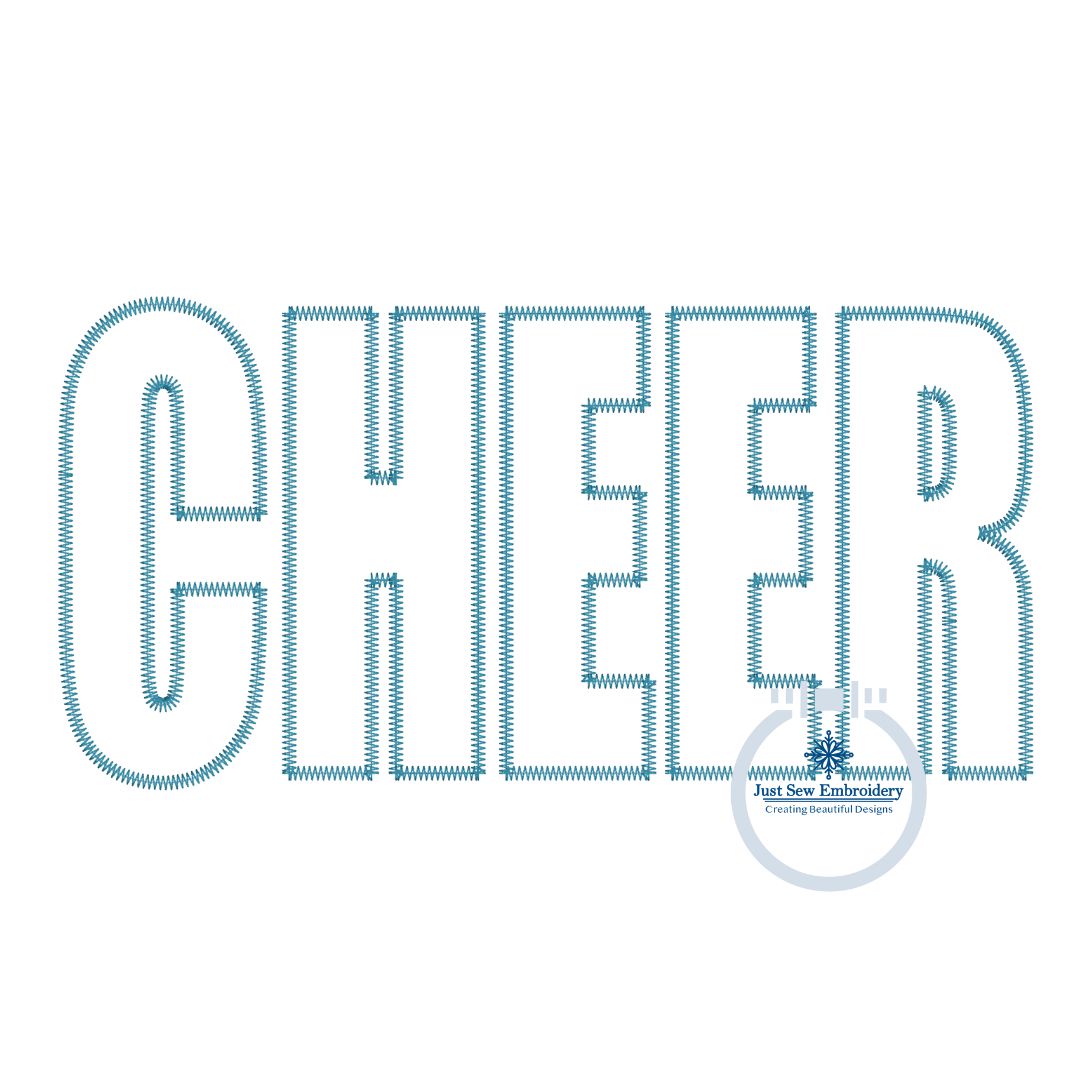 Cheer Block Applique Embroidery Design Zigzag Edge Four Sizes 5x7, 8x8, 6x10, and 8x12 Hoop