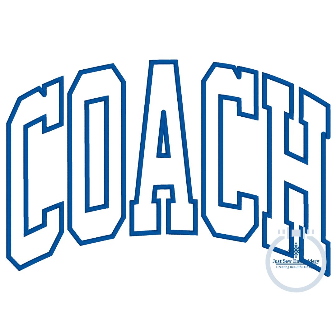 COACH Arched Satin Applique Embroidery Design Academic Font Five Sizes 5x7, 6x10, 8x8, 7x12, and 8x12 Hoop