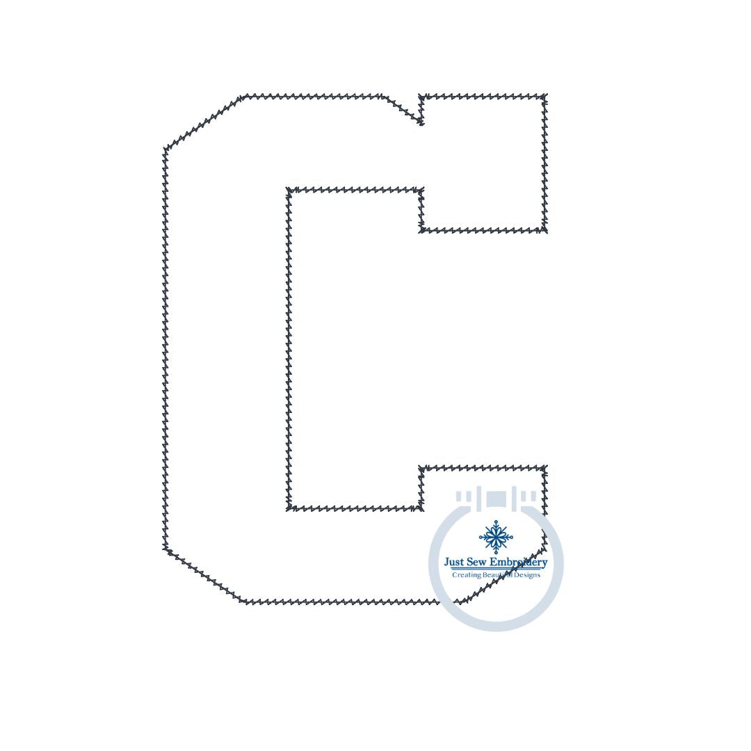 C Chenille Yarn Applique Varsity Font Zigzag Machine Embroidery Design Five Sizes 4x4, 5x5, 6x6, 7x7, and 8x8 Inch.