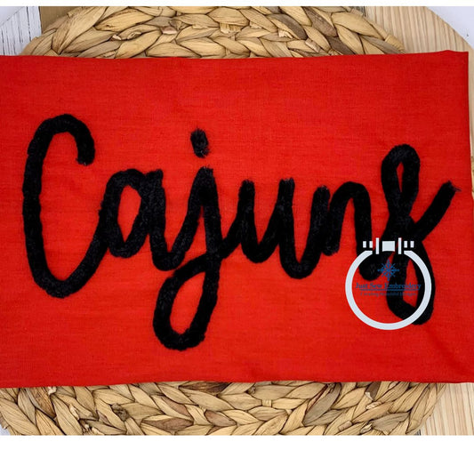 Cajuns Chenille Yarn Applique Script Machine Embroidery Design Four Sizes 5x7, 8x8, 6x10, and 7x12 Hoop