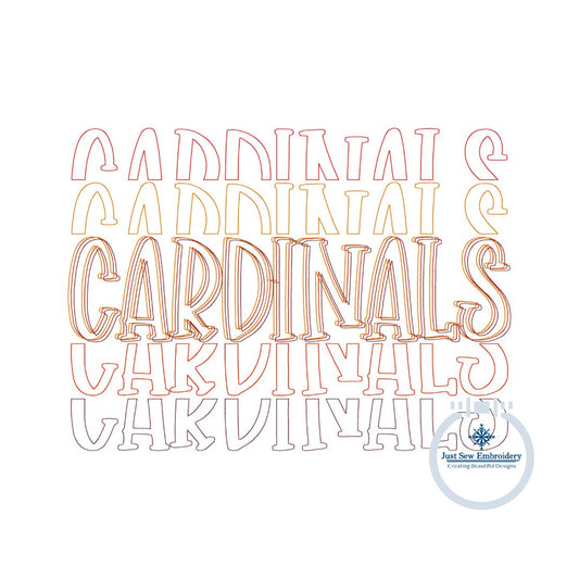 Cardinals Embroidered Bean Stitch Repeat Design Five Sizes 4x4, 5x7, 8x8, 6x10, and 8x12 Hoop