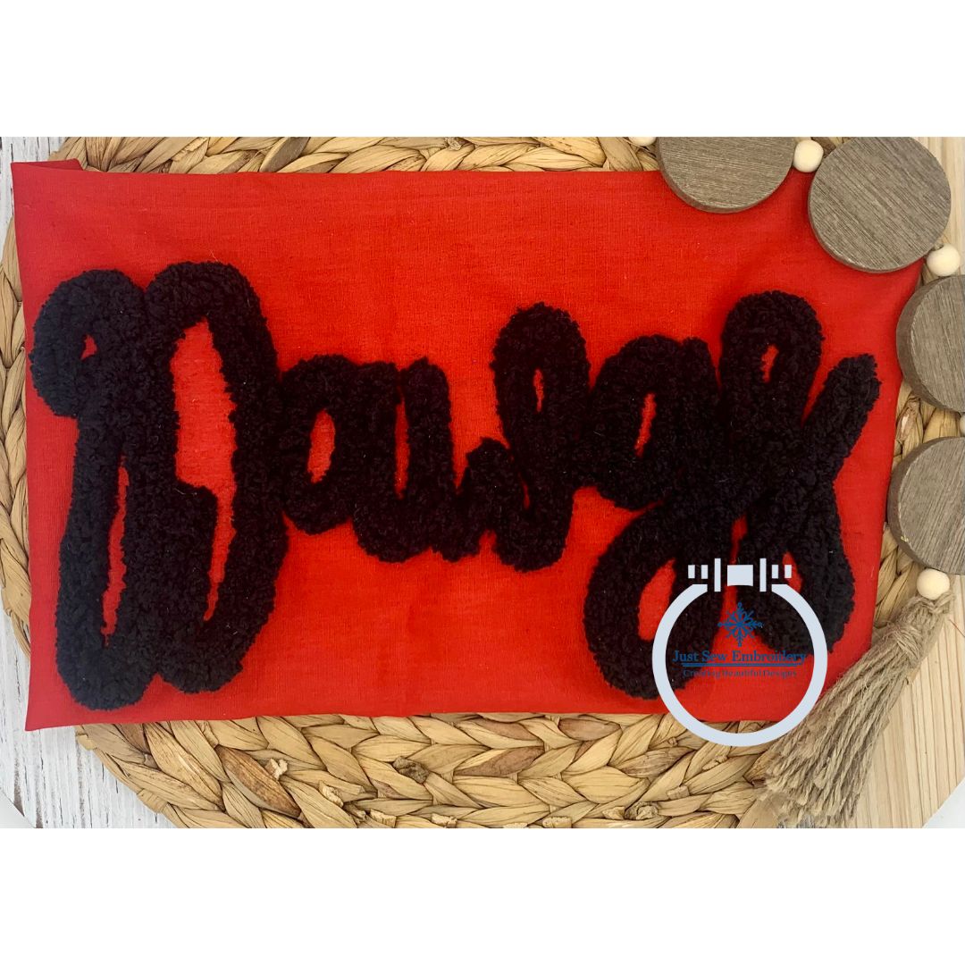 DAWGS Script Chenille Yarn Applique Design Machine Embroidery Four Sizes 5x7, 8x8, 6x10, 7x12 Hoop