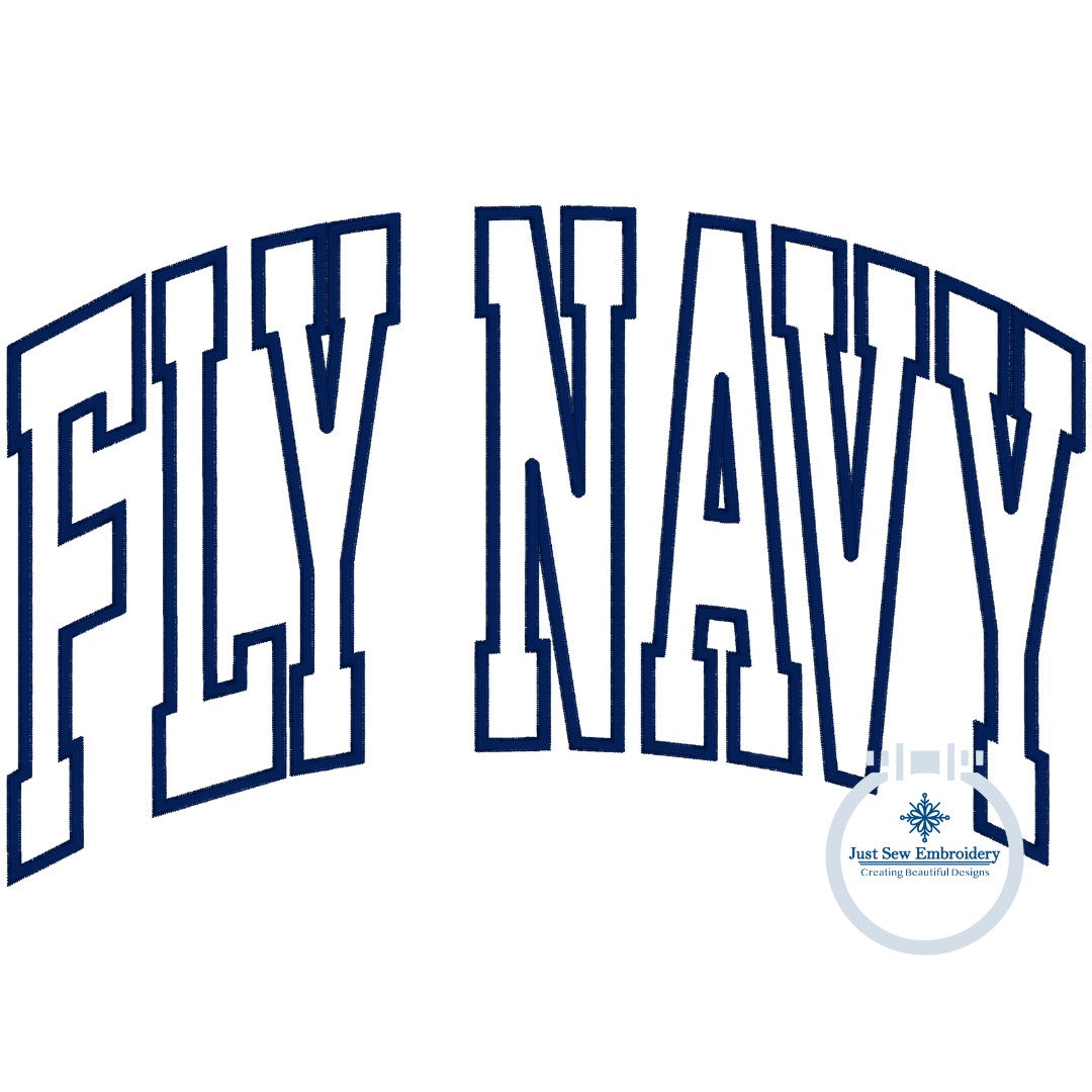 Fly Navy Arched Satin Applique Embroidery Design Three Sizes 6x10, 7x12, and 8x12 Hoop