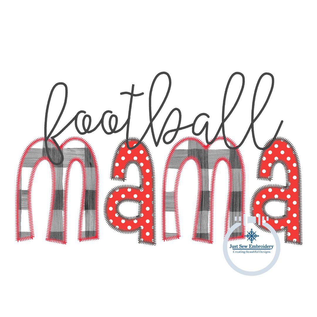 Football MAMA Raggy and Zigzag Applique Machine Embroidery Design Four Sizes 5x7, 8x8, 6x10, and 8x12 Hoop