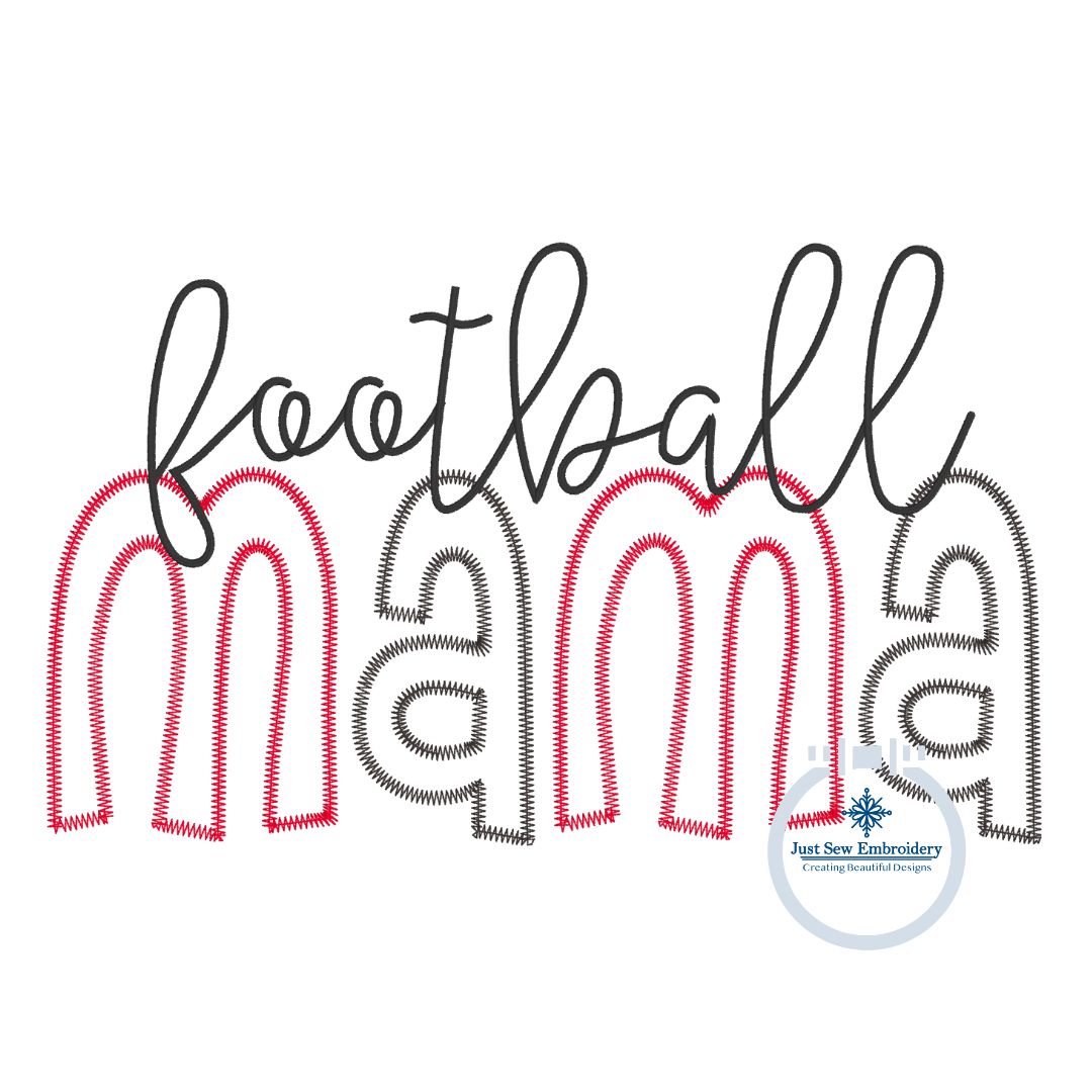 Football MAMA Raggy and Zigzag Applique Machine Embroidery Design Four Sizes 5x7, 8x8, 6x10, and 8x12 Hoop