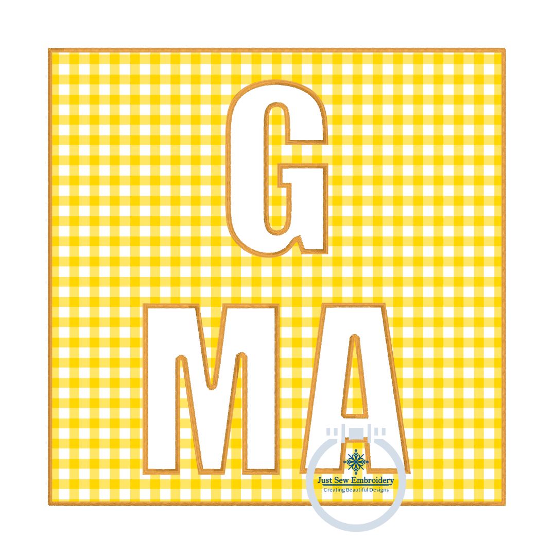 G-Ma Grandma Applique Embroidery Design Satin Stitch Four Sizes 5x5, 6x6, 7x7, and 8x8 Inches