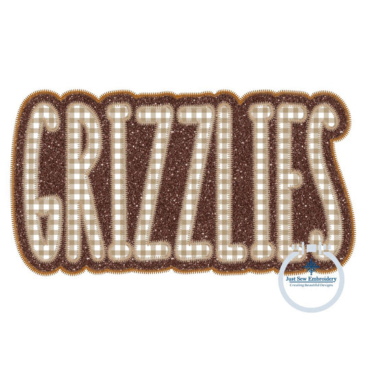 GRIZZLIES Applique Embroidery Two Layer Zigzag Design Machine Embroidery Four Sizes 5x7, 8x8, 6x10 and 7x12 Hoop