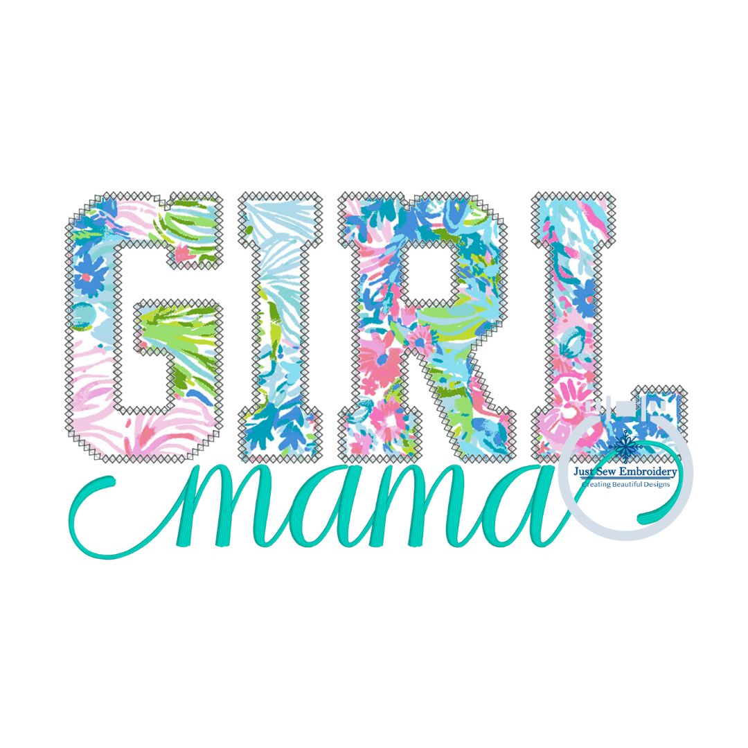 Girl Mama Applique with Satin Script Embroidery Design Diamond Edge Stitch Three Sizes 5x7, 6x10, and 8x12 Hoop