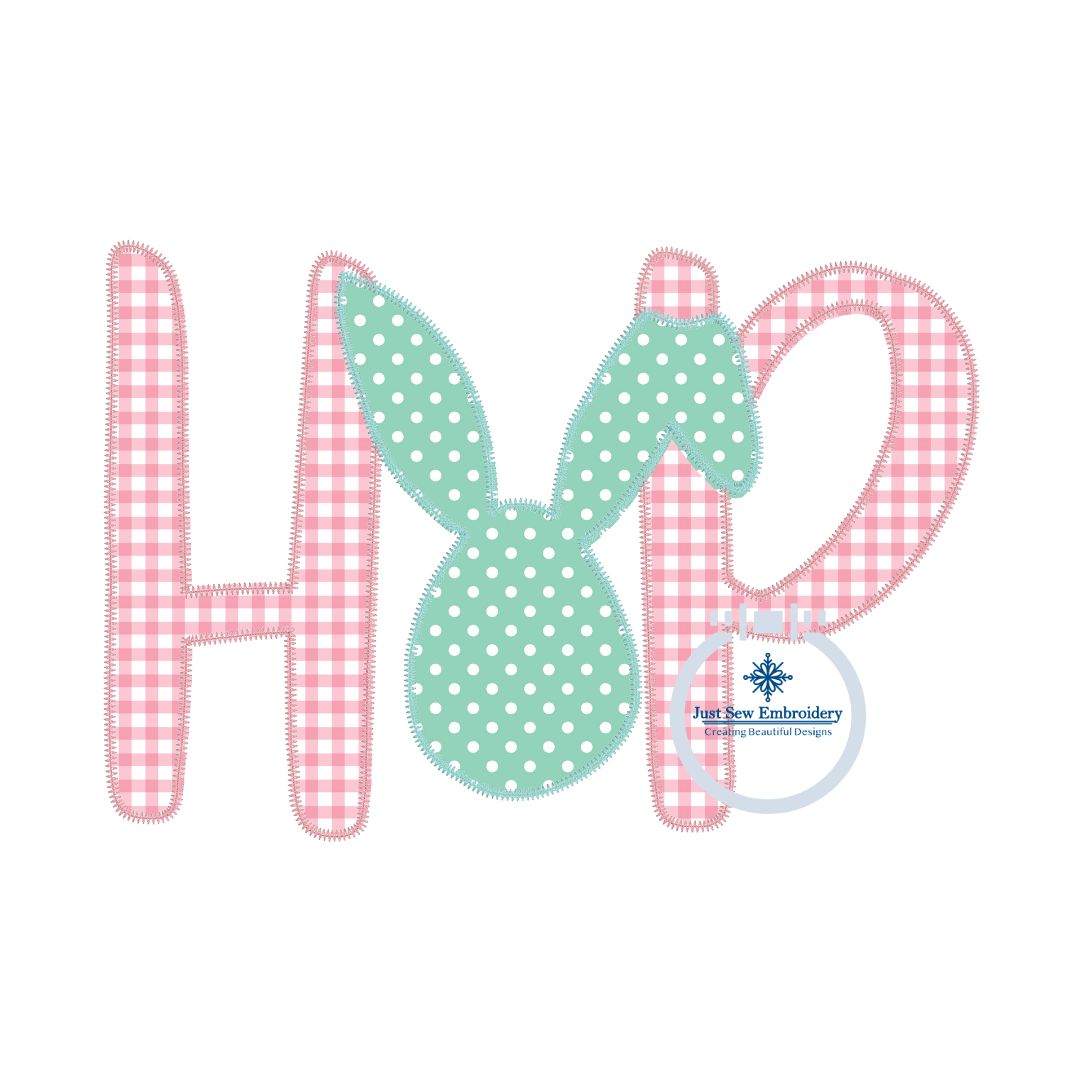 Bunny Hop Applique Machine Embroidery Design with Satin or ZigZag Finishing Stitch 5x7, 8x8, 6x10, and 8x12 Hoop