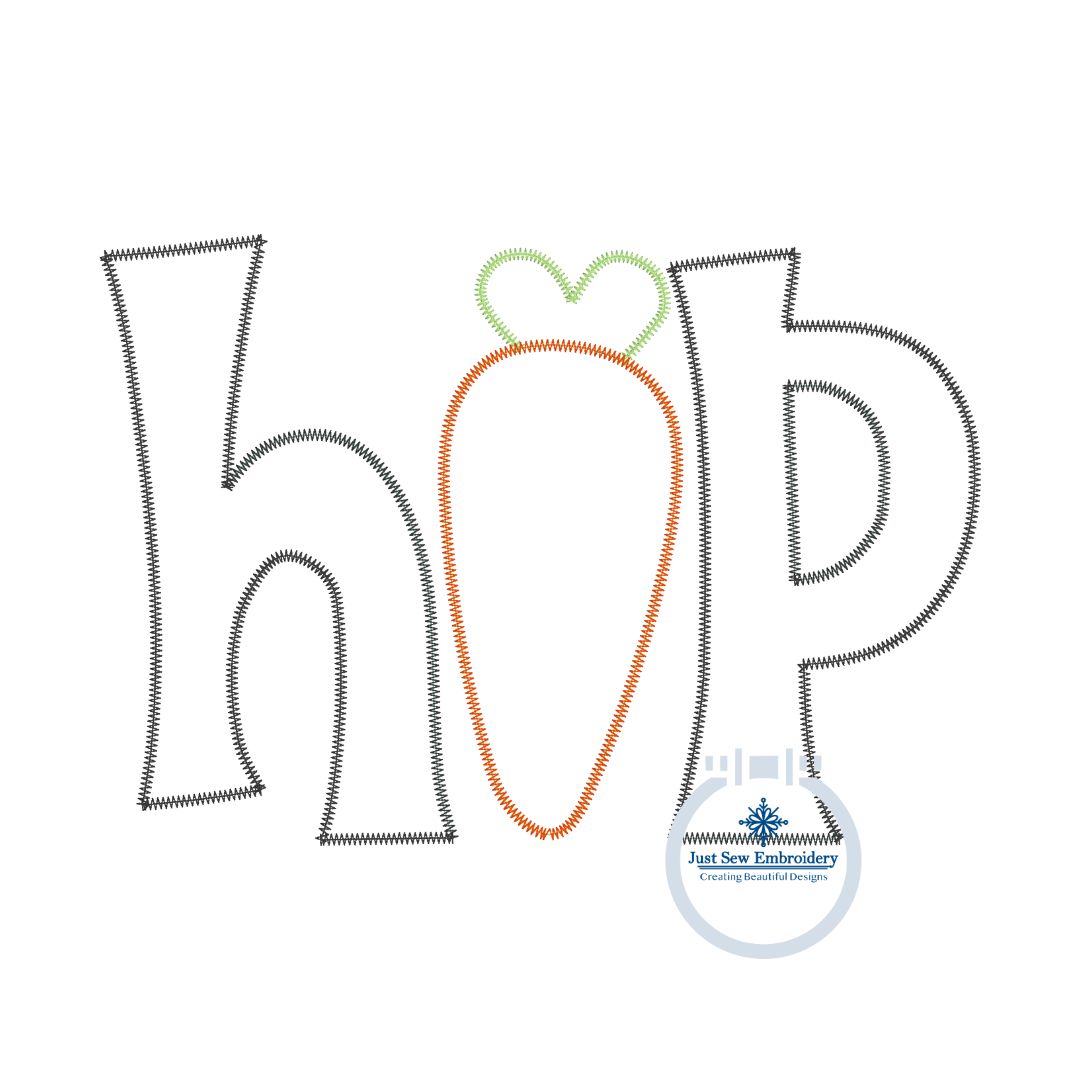 HOP Carrot Applique Machine Embroidery Design with ZigZag Finishing Stitch Five Sizes 5x7, 8x8, 6x10, 7x12, 8x12 Hoops