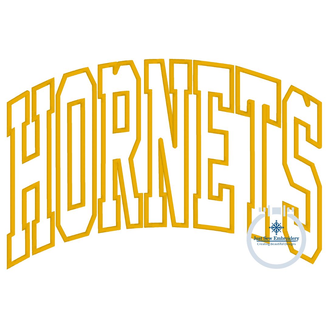 HORNETS Arched Satin Applique Outline Embroidery Design Five Sizes 5x7, 8x8, 6x10, 7x12, and 8x12 Hoop