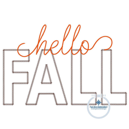 Hello FALL Zigzag Applique Machine Embroidery Design Four Sizes 5x7, 6x10, 8x8, 8x12 Hoop Autumn