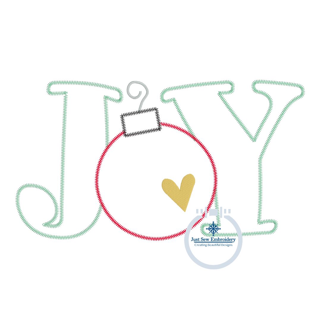 JOY Christmas Ornament Applique Machine Embroidery Design with ZigZag Edge Stitch Four Sizes 5x7, 8x8, 6x10, 8x12 Hoop