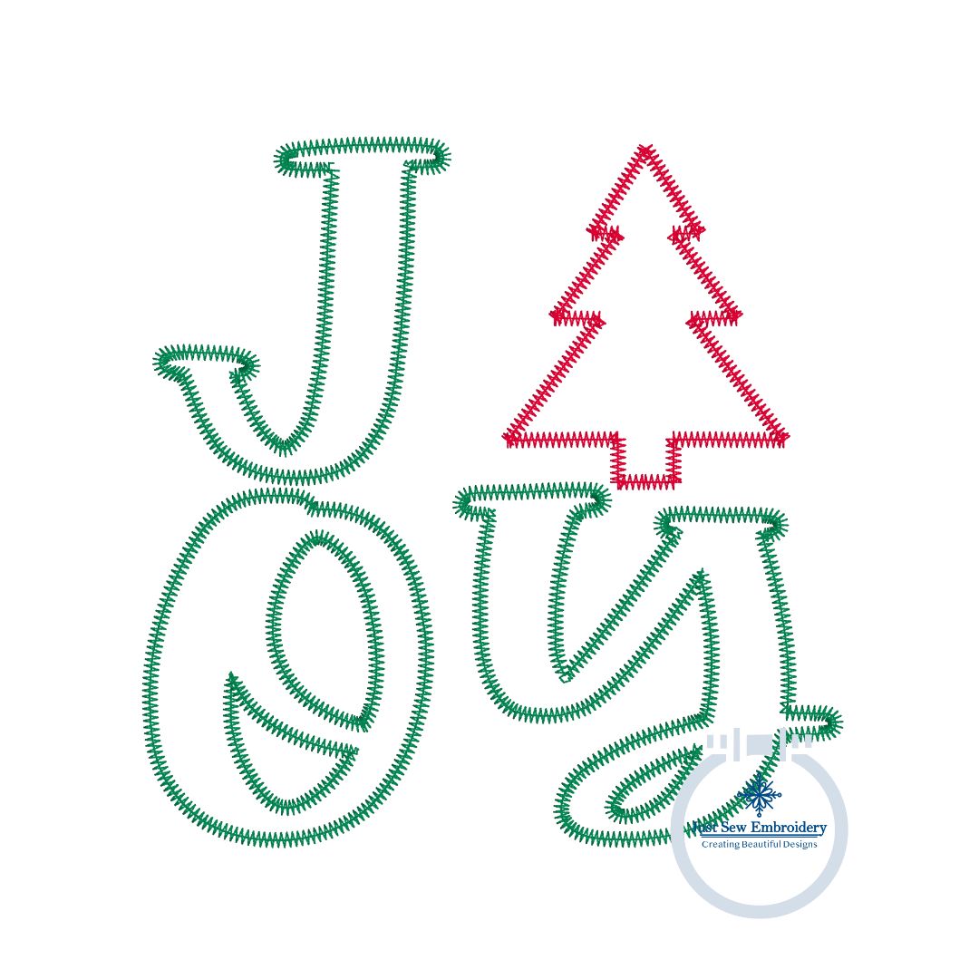 Joy Christmas Tree Zigzag Applique Machine Embroidery Design Three Sizes 5x7, 6x10, and 8x8 Hoop