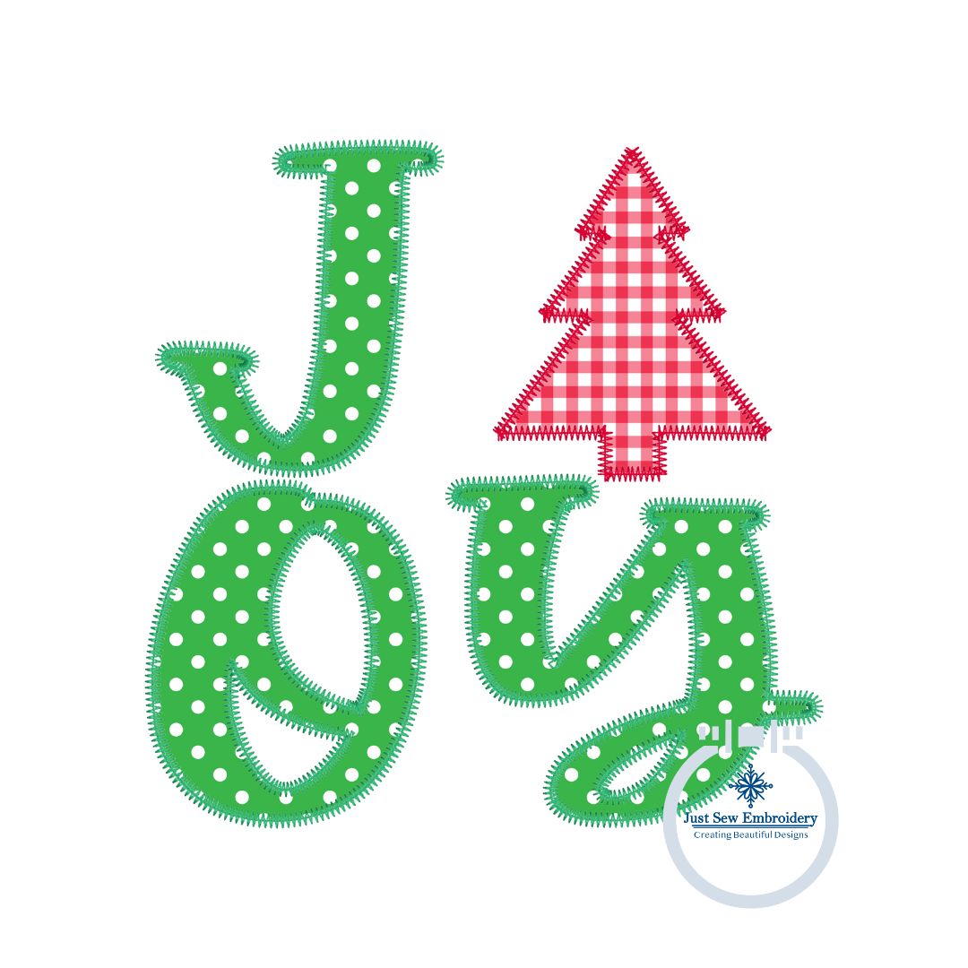 Joy Christmas Tree Zigzag Applique Machine Embroidery Design Three Sizes 5x7, 6x10, and 8x8 Hoop