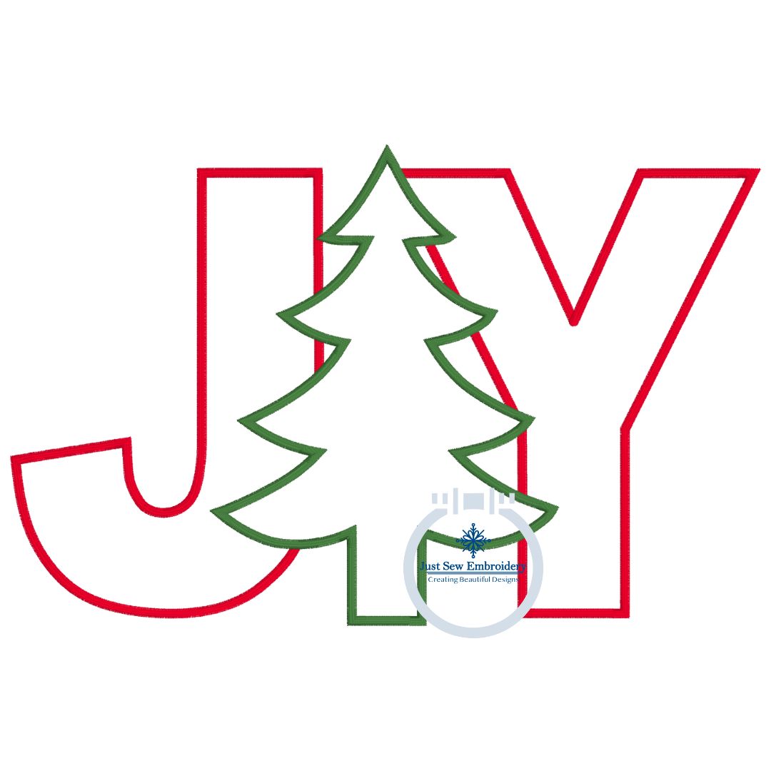 Joy Christmas Tree Applique Machine Embroidery Design Satin Edge Stitch Four Sizes 5x7, 8x8, 6x10, 8x12 Hoop