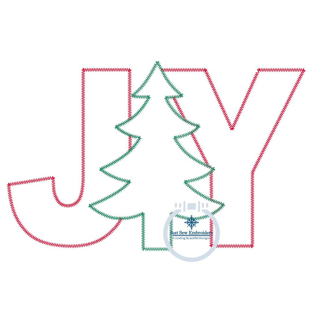 Joy Christmas Tree Applique Machine Embroidery Design ZigZag Edge Stitch Four Sizes 5x7, 8x8, 6x10, 8x12 Hoop