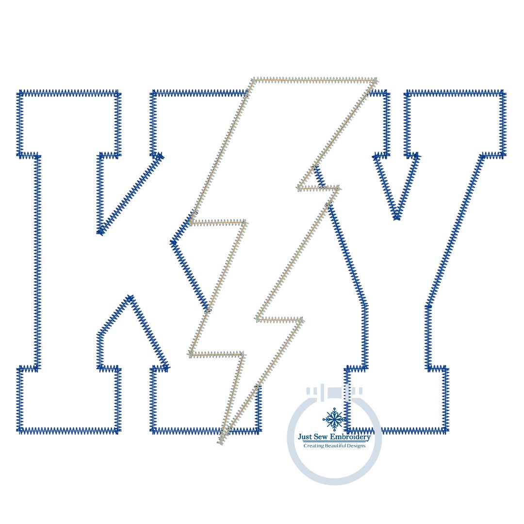 Kentucky KY Zigzag Applique Embroidery with Lightning Bolt in Three Sizes for 5x7, 6x10, and 8x12 Hoops