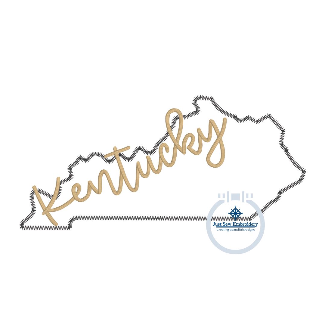 KY State Applique Embroidery with Kentucky Script Overlap Zigzag Stitch Three Sizes for 6x10, 8x8, and 8x12 Hoop