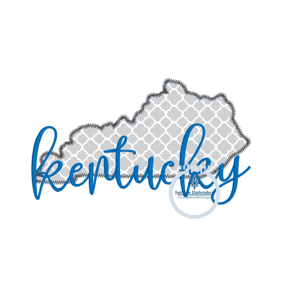 KY State Applique Embroidery with Kentucky Script Overlap Zigzag Stitch Four Sizes for 5x7, 8x8, 6x10, and 8x12 hoops