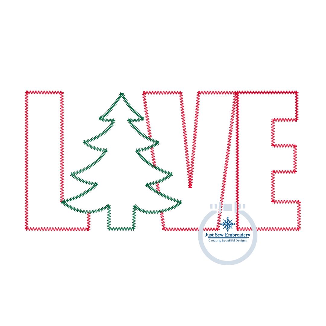 LOVE Christmas Tree Applique Machine Embroidery Design with ZigZag Edge Stitch 8x12 Hoop