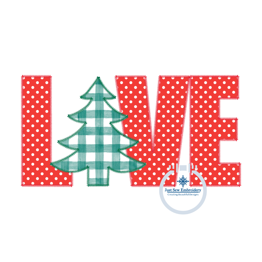 LOVE Christmas Tree Applique Machine Embroidery Design with ZigZag Edge Stitch 8x12 Hoop