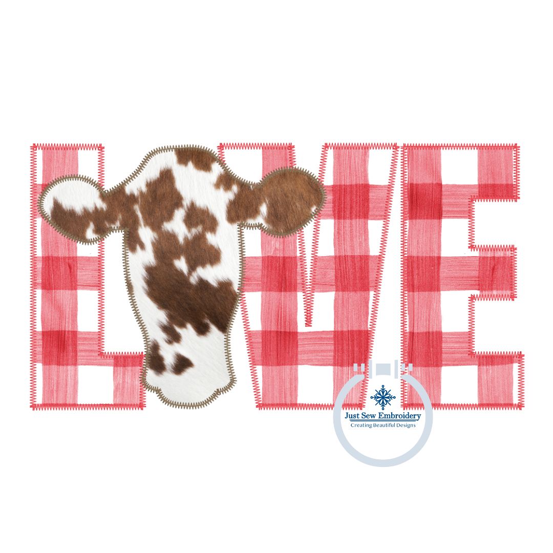 LOVE Cow Heifer Zigzag Applique Machine Embroidery Design 8x12 Hoop