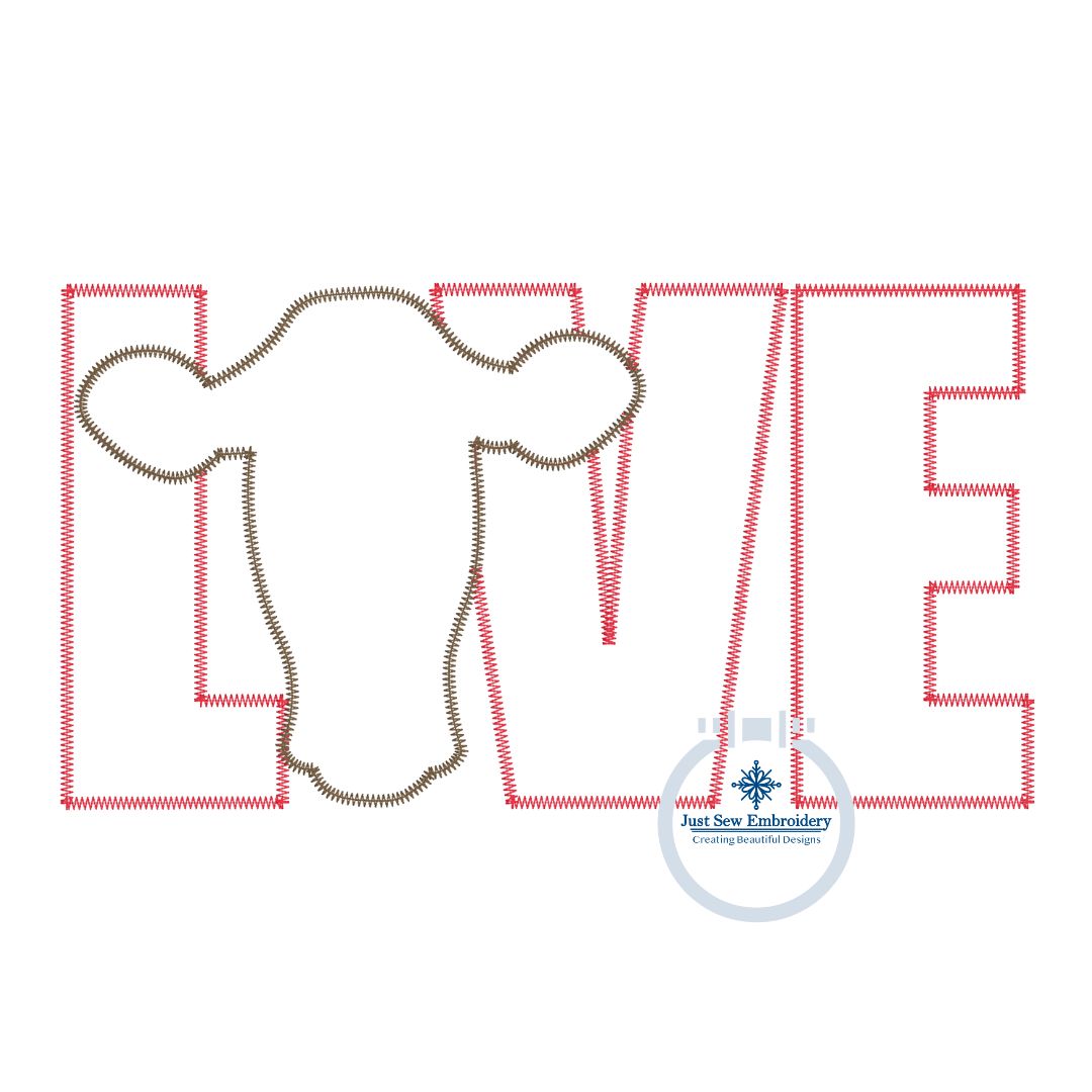 LOVE Cow Heifer Zigzag Applique Machine Embroidery Design 8x12 Hoop