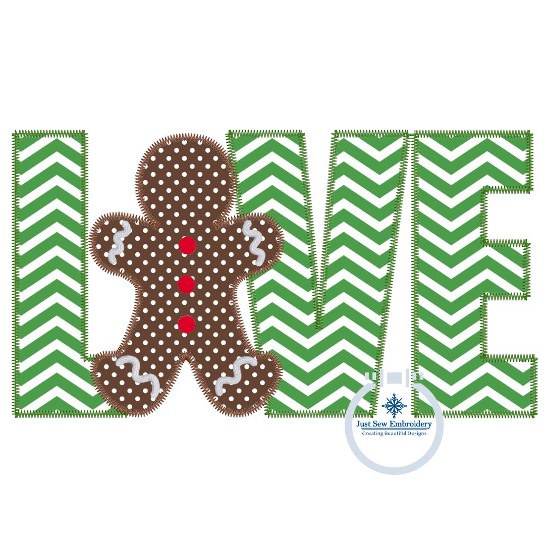 LOVE Gingerbread Man Applique Machine Embroidery Design with ZigZag Edge Stitch Five Sizes 4x4, 5x7, 8x8 6x10, and 8x12 Hoop