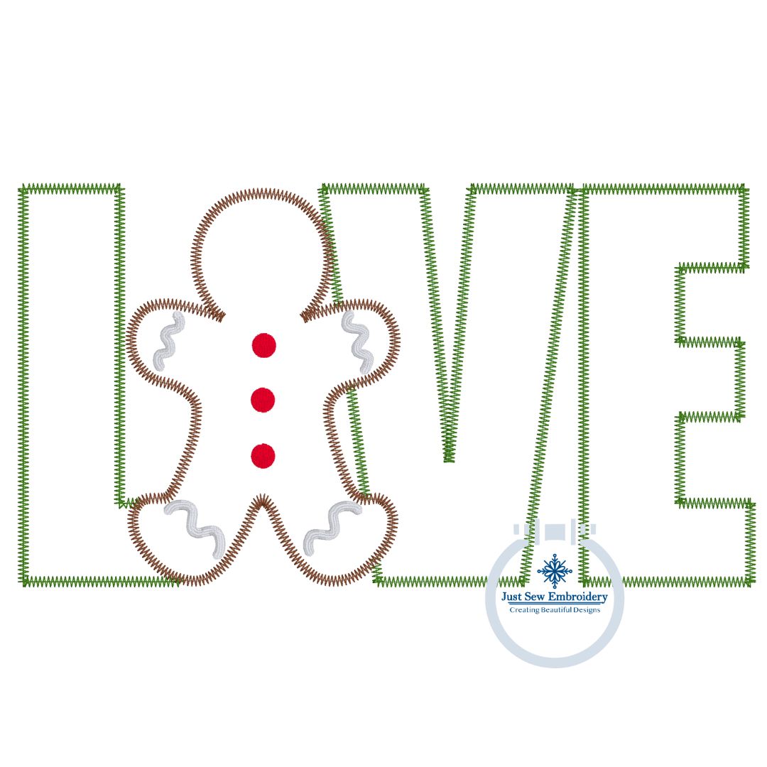 LOVE Gingerbread Man Applique Machine Embroidery Design with ZigZag Edge Stitch Five Sizes 4x4, 5x7, 8x8 6x10, and 8x12 Hoop